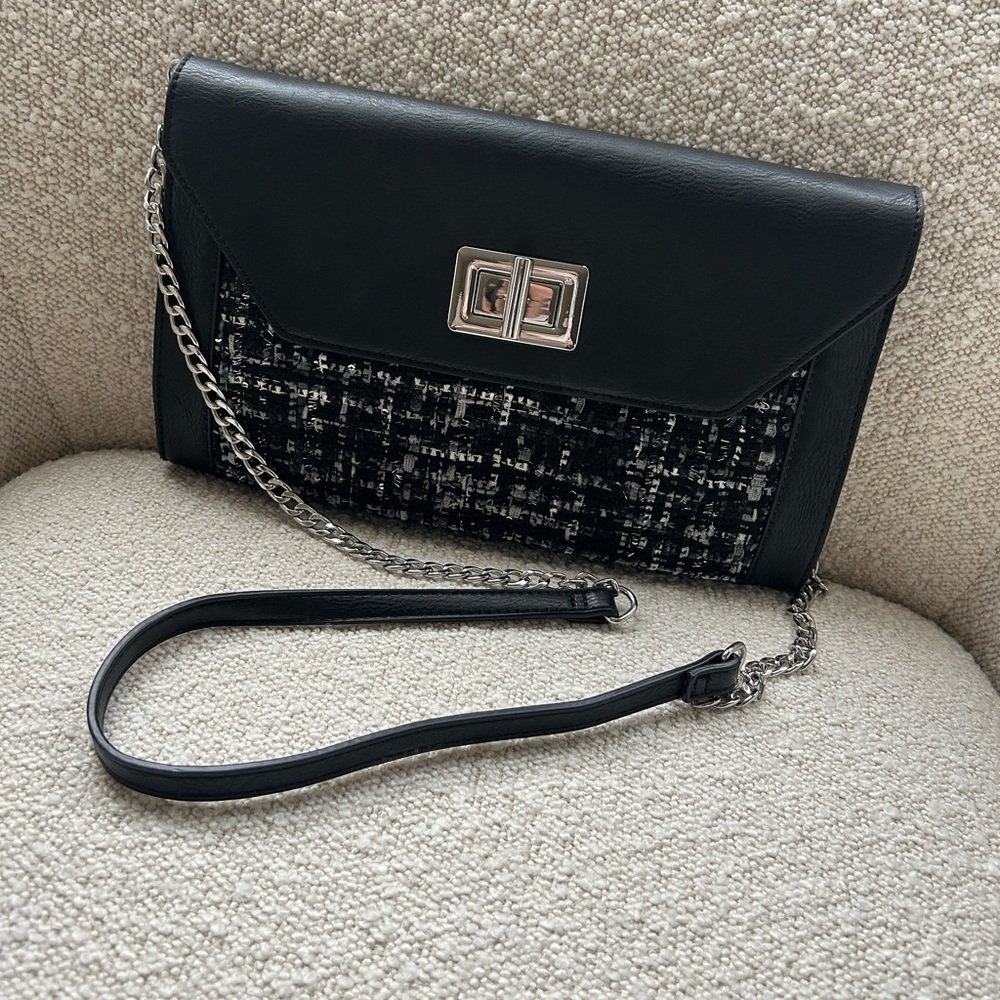 Black Tweed and Leather Chain Shoulder Bag